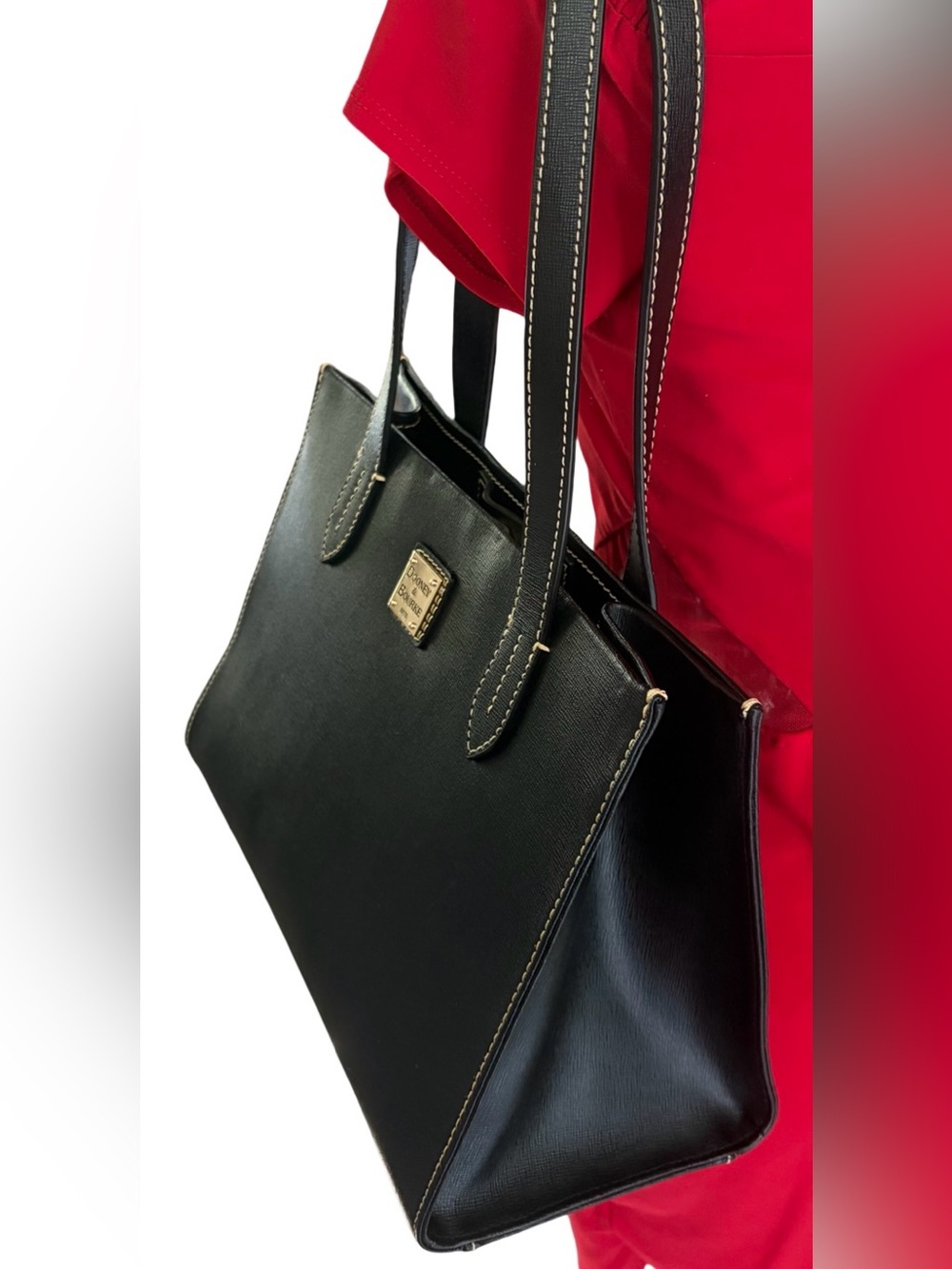 Dooney & Bourke Black Saffiano Leather Shopper Tote Bag | Gold Logo Badge - Picture 11 of 15